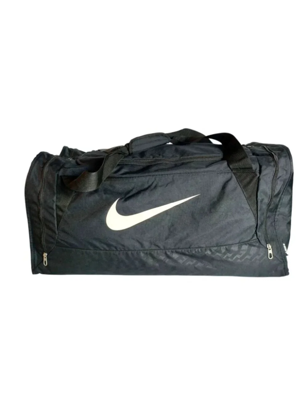 Nike Brasilia Duffle Bag Black White Swoosh Athletic Zip Side Pockets Gym Large